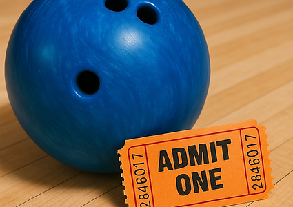 Blue bowling ball next to an orange movie ticket on a bowling lane floor