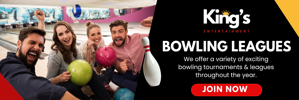 Cheering friends with bowling balls in a bright alley beside a King’s Entertainment Bowling Leagues ad and Join Now button