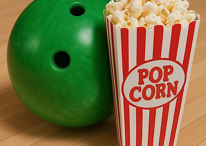Green bowling ball next to a red-and-white striped popcorn container on a wooden floor