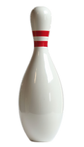 Classic white bowling pins with red stripes used in King’s Entertainment visual theme
